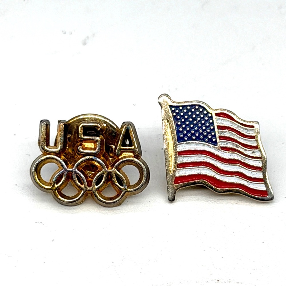 Vintage Team USA Olympic Rings and American Flag Lapel Pin Set Gold Tone Enamel